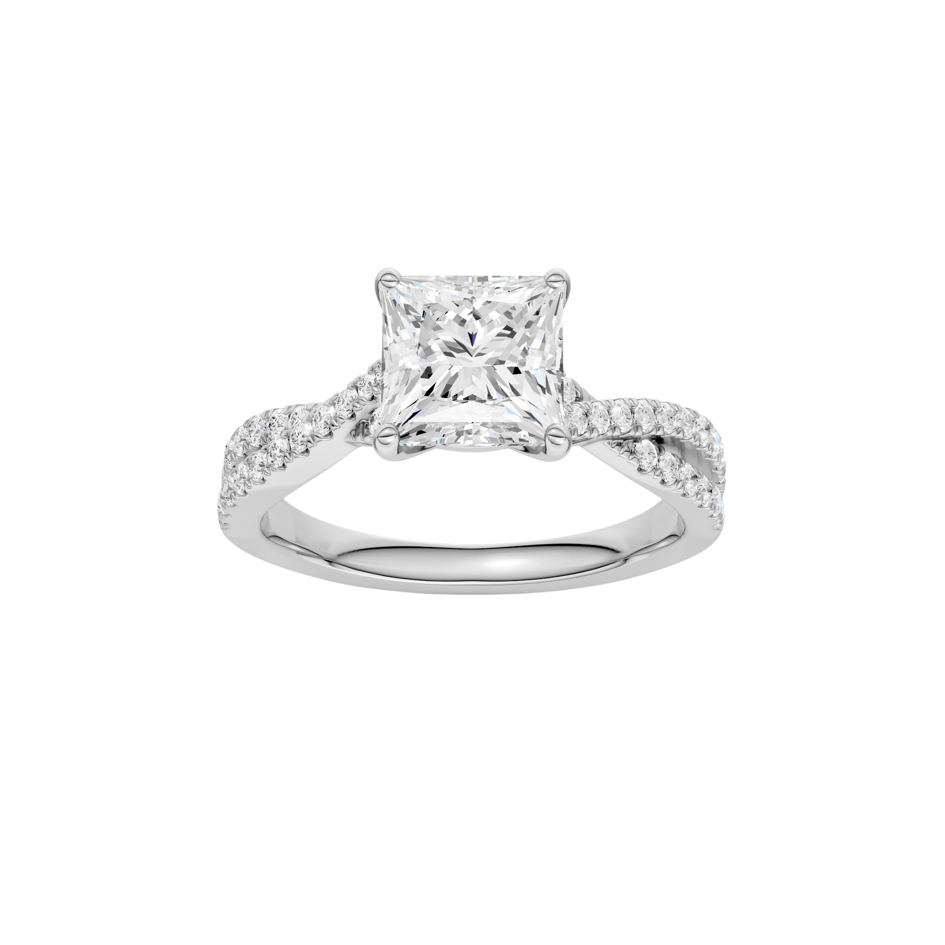 Princess-cut diamond engagement ring in 14k white gold with a prong-set diamond band and twist setting