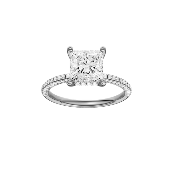 Princess-cut diamond engagement ring with a pavé-set diamond band and hidden-halo setting.