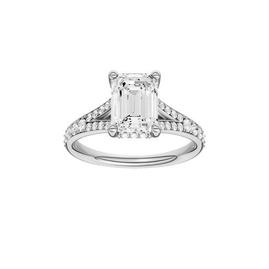 Emerald-cut diamond engagement ring with a channel-set diamond band and hidden-halo setting.