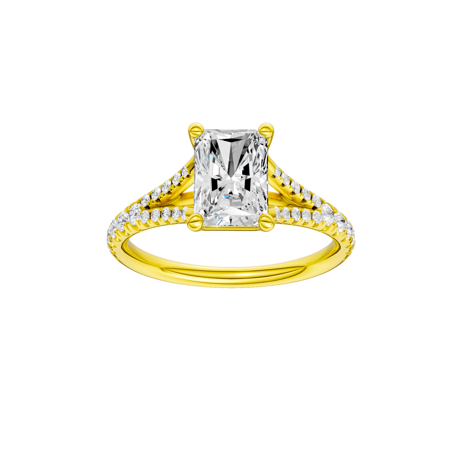 Radiant-cut diamond engagement ring with a prong-set diamond band and solitaire setting.
