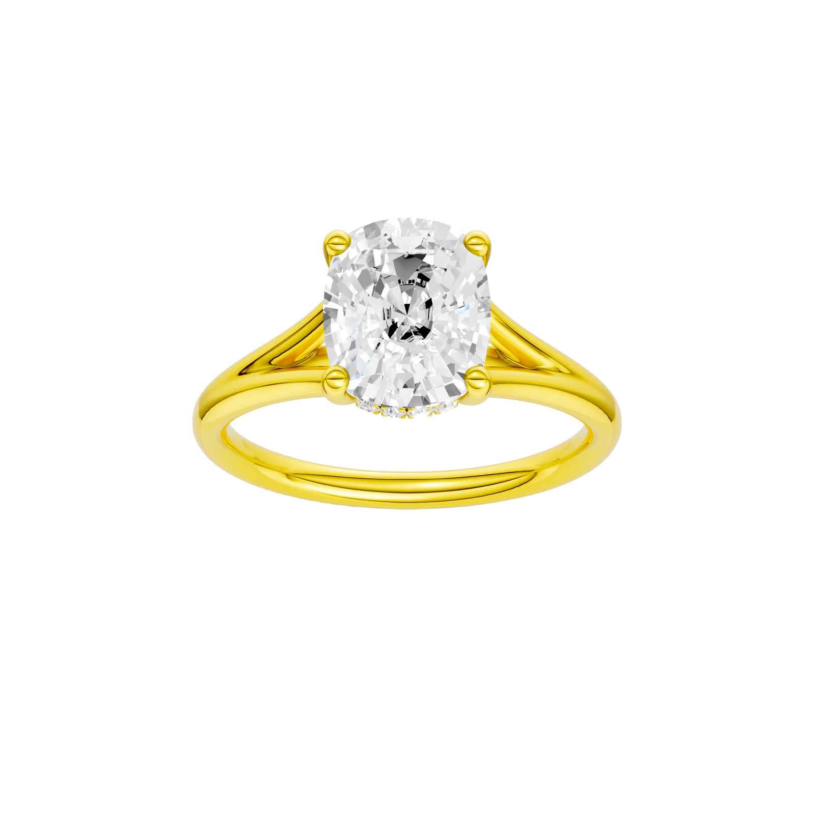 Elongated cushion-cut diamond engagement ring with a plain band and hidden-halo setting.