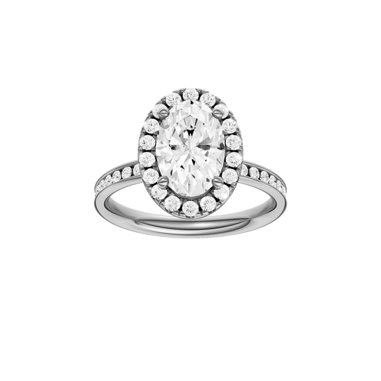 Oval-cut diamond engagement ring with a channel-set diamond band and halo setting.