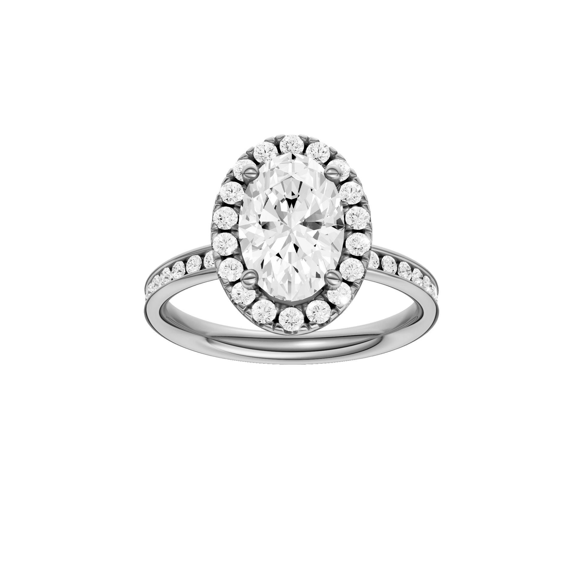 Oval-cut diamond engagement ring with a channel-set diamond band and halo setting.