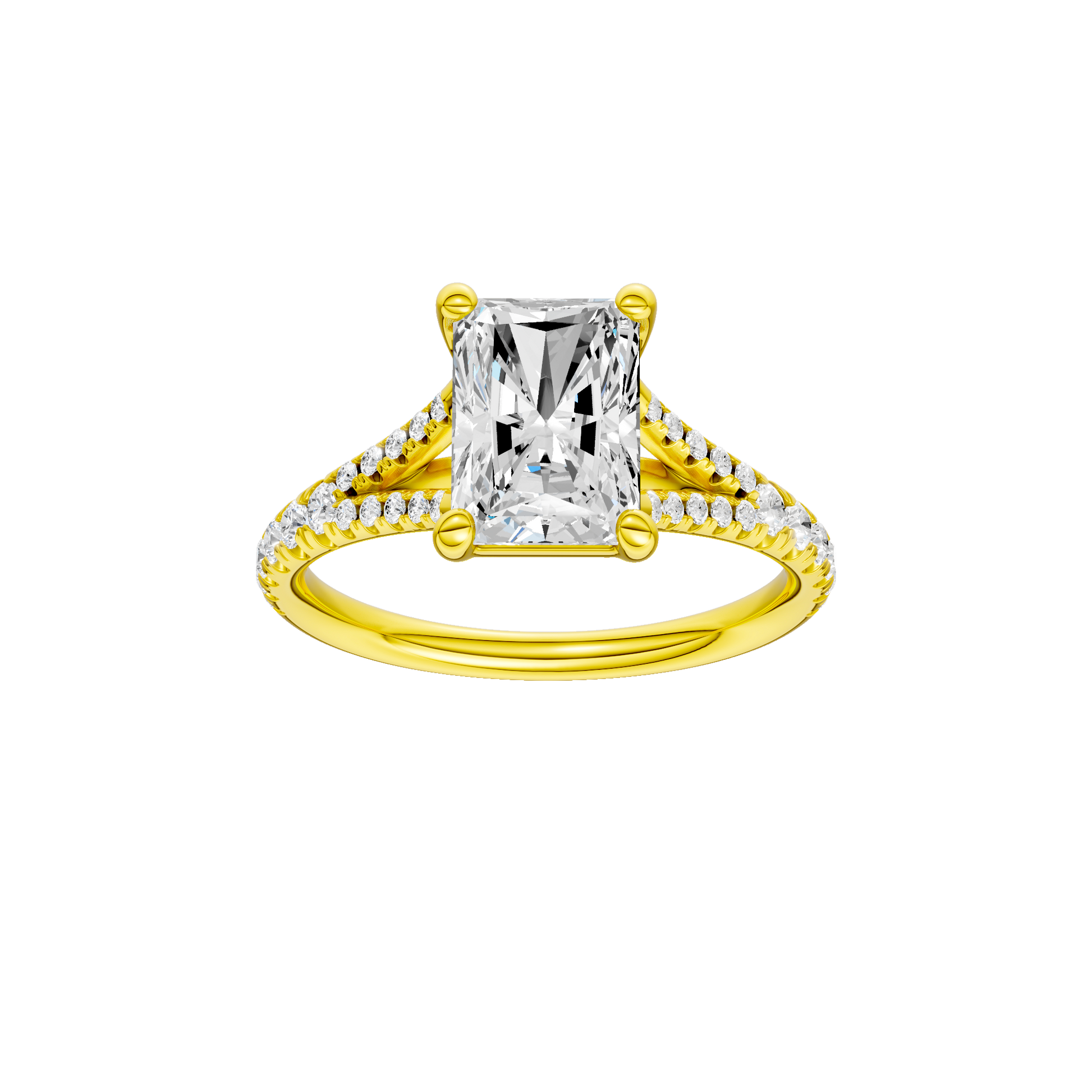 Radiant-cut diamond engagement ring with a prong-set diamond band and solitaire setting.