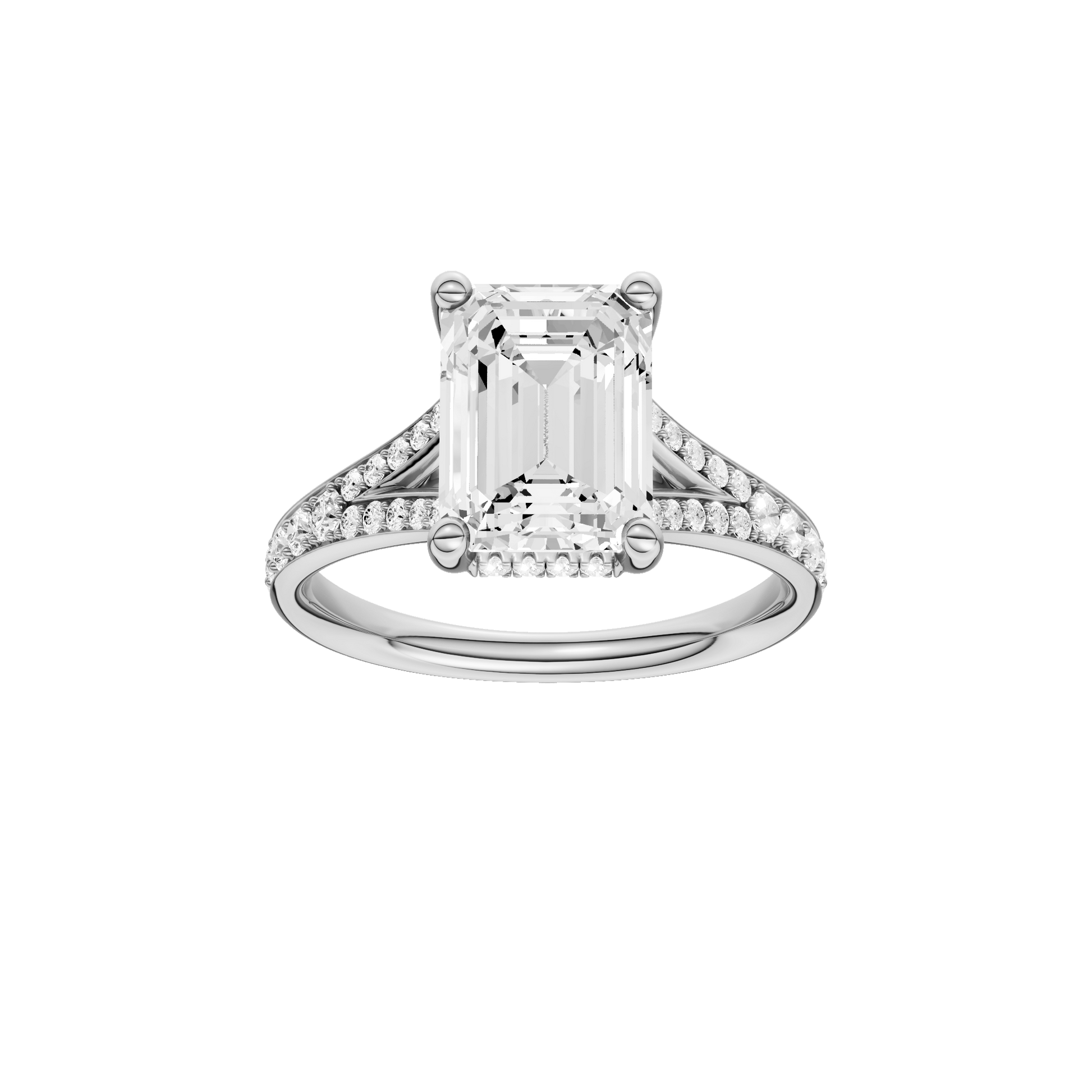 Emerald-cut diamond engagement ring with a channel-set diamond band and hidden-halo setting.