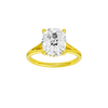 Elongated cushion-cut diamond engagement ring with a plain band and hidden-halo setting.