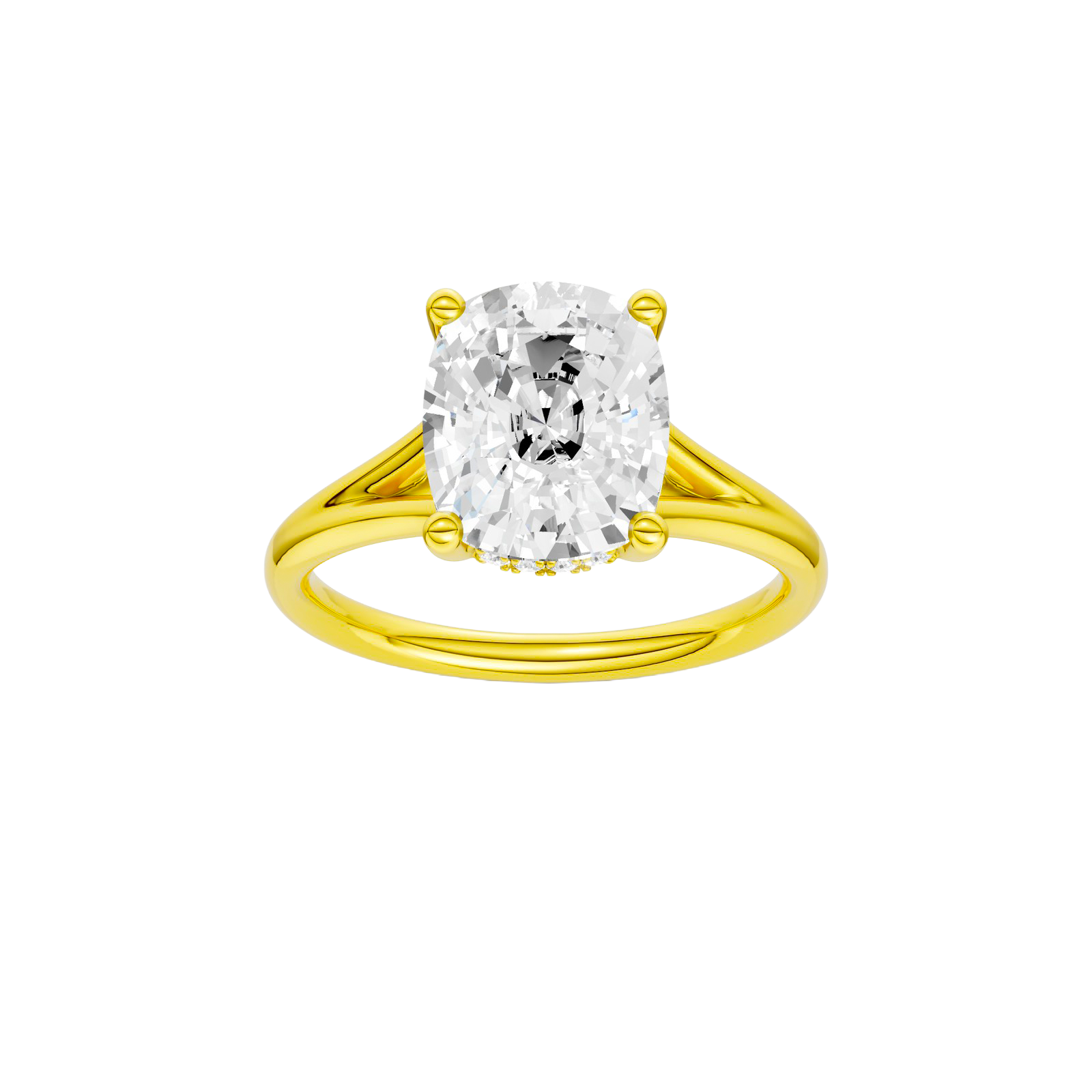 Elongated cushion-cut diamond engagement ring with a plain band and hidden-halo setting.