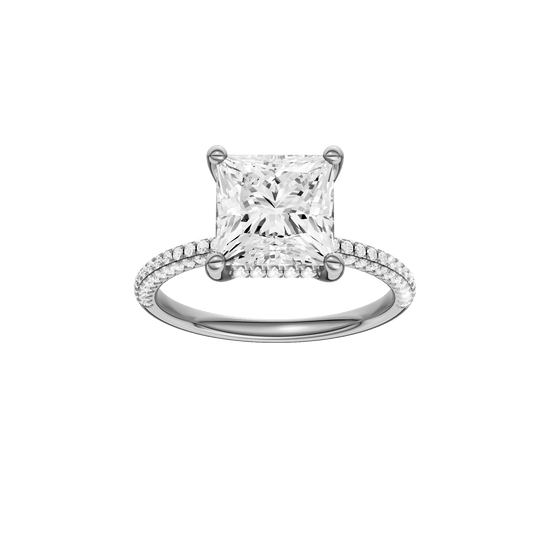 Princess-cut diamond engagement ring with a pavé-set diamond band and hidden-halo setting.