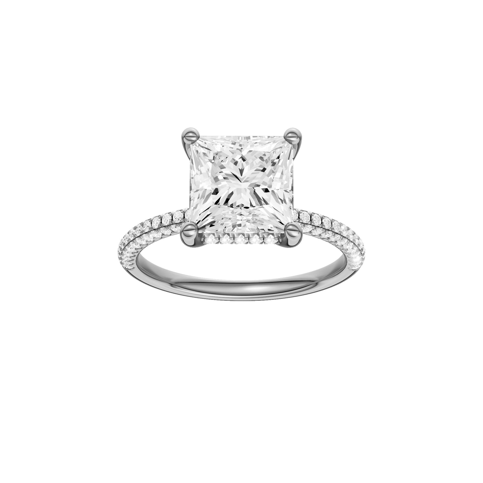 Princess-cut diamond engagement ring with a pavé-set diamond band and hidden-halo setting.