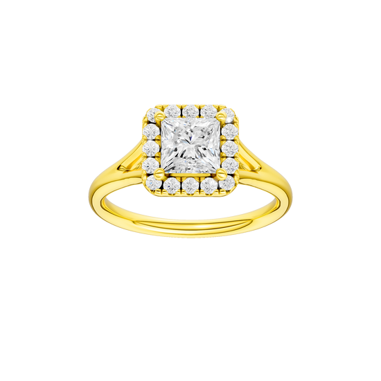 Princess-cut diamond engagement ring with a plain band and halo setting.