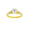 Elongated cushion-cut diamond engagement ring with a channel-set diamond band and solitaire setting.