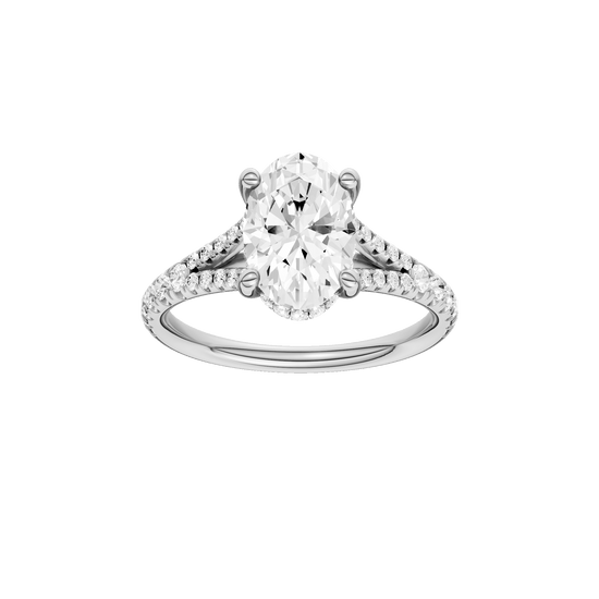 Oval-cut diamond engagement ring with a prong-set diamond band and hidden-halo setting.