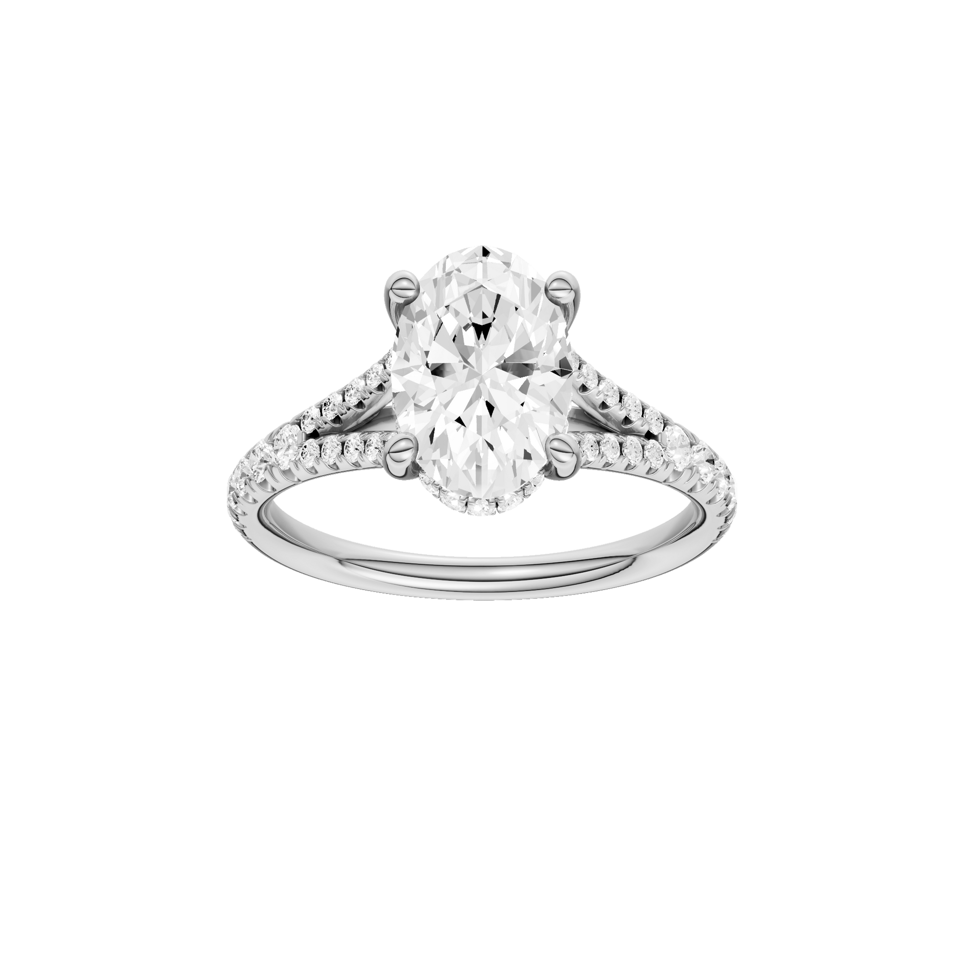 Oval-cut diamond engagement ring with a prong-set diamond band and hidden-halo setting.