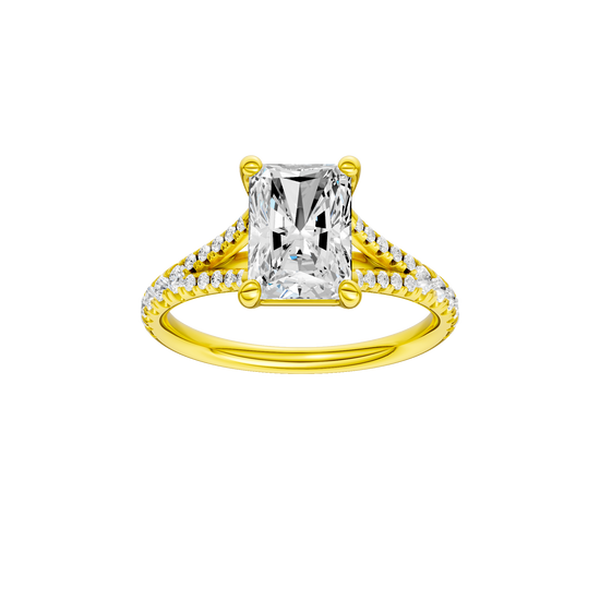 Radiant-cut diamond engagement ring with a prong-set diamond band and solitaire setting.