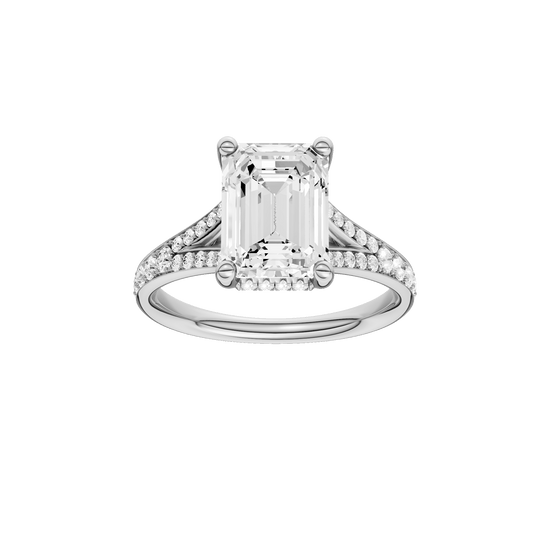 Emerald-cut diamond engagement ring with a channel-set diamond band and hidden-halo setting.