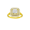 Princess-cut diamond engagement ring with a plain band and double-halo setting.