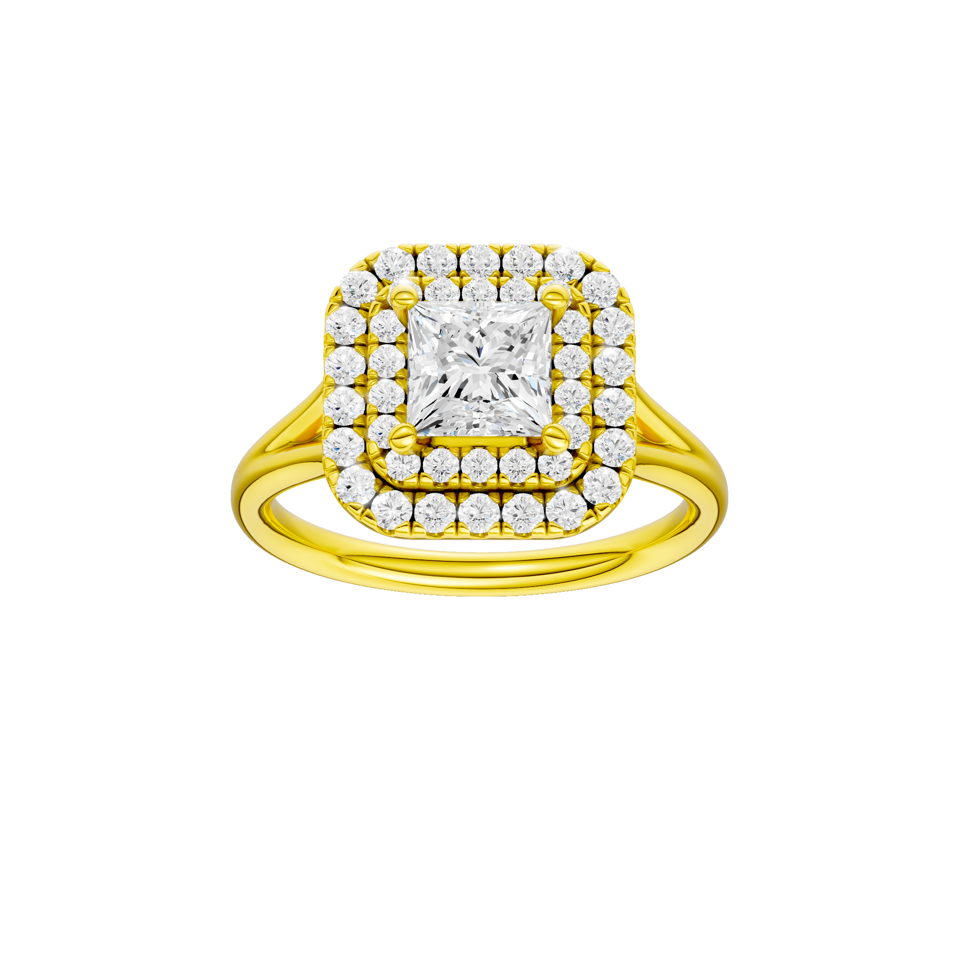 Princess-cut diamond engagement ring with a plain band and double-halo setting.