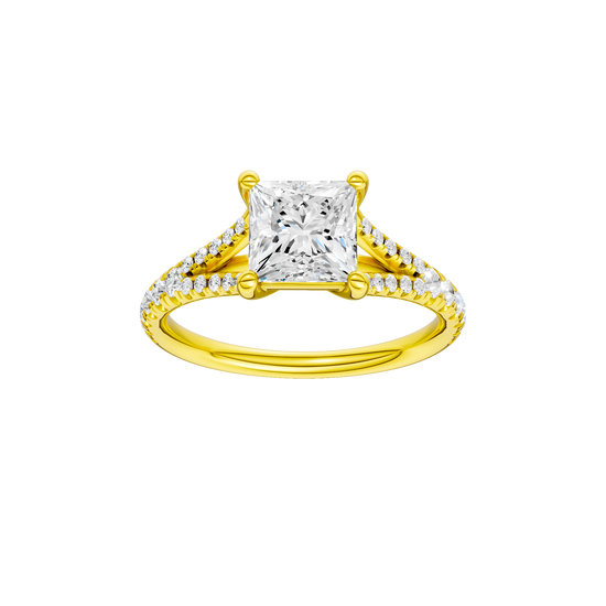 Pear-cut diamond engagement ring with a prong-set diamond band and solitaire setting.