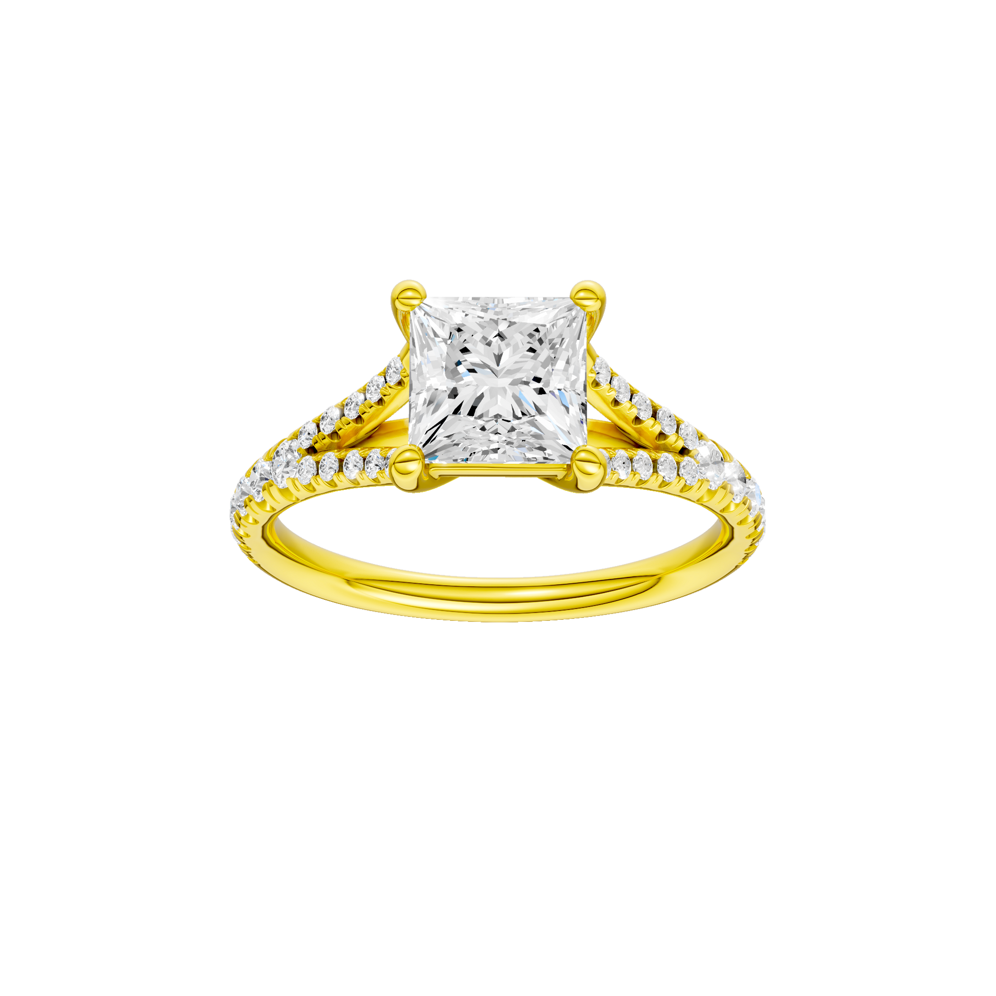 Pear-cut diamond engagement ring with a prong-set diamond band and solitaire setting.