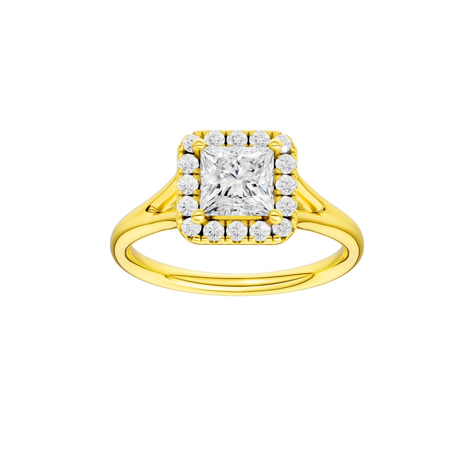 Princess-cut diamond engagement ring with a plain band and halo setting.