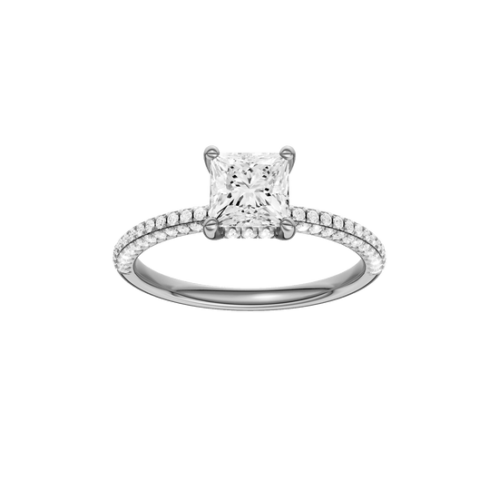 Princess-cut diamond engagement ring with a pavé-set diamond band and hidden-halo setting.