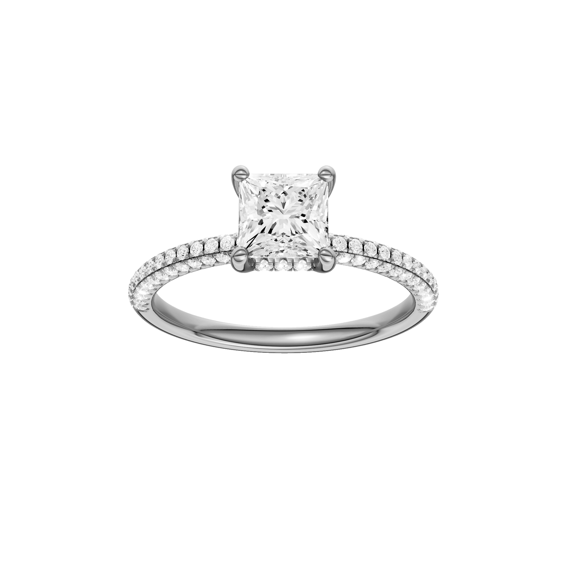 Princess-cut diamond engagement ring with a pavé-set diamond band and hidden-halo setting.