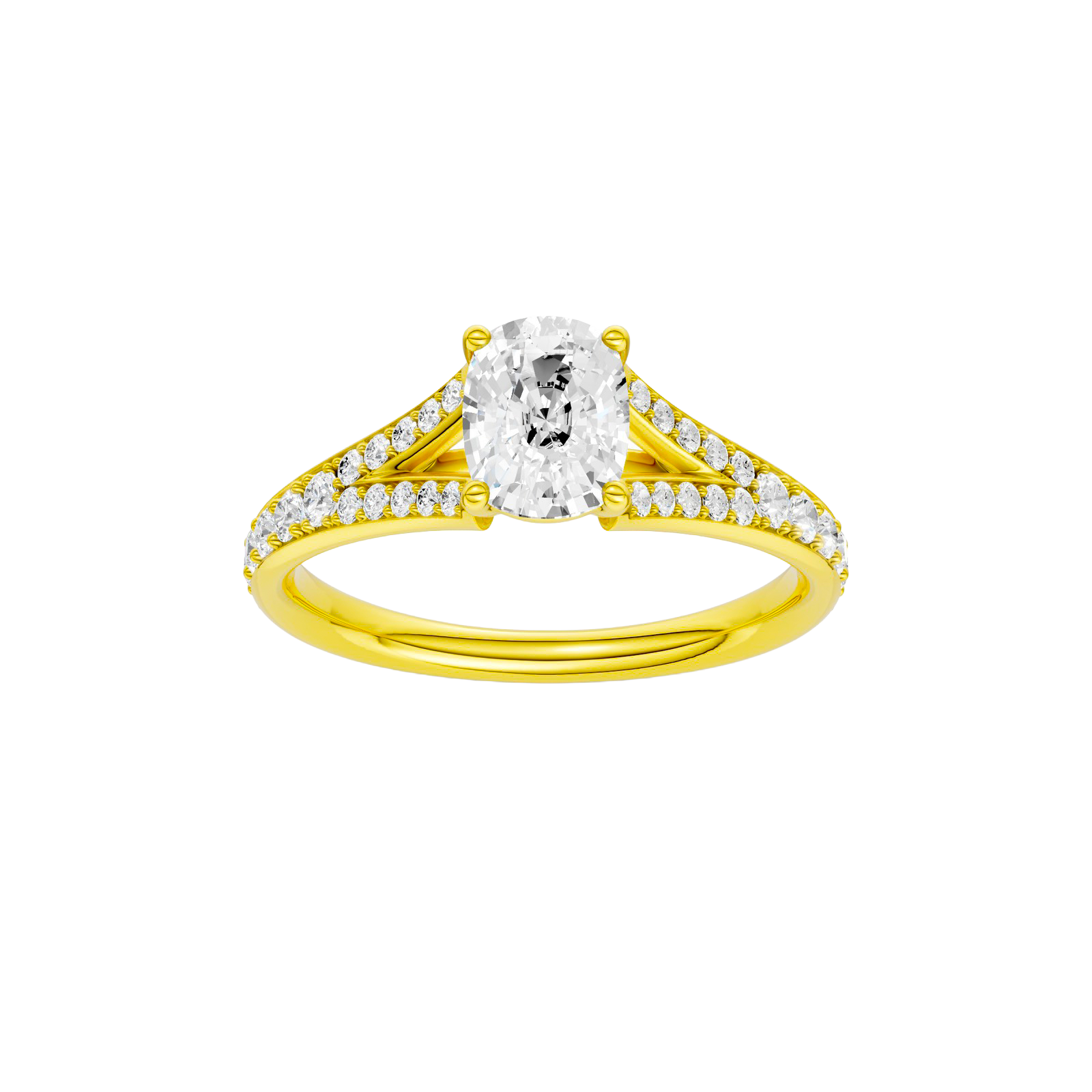 Elongated cushion-cut diamond engagement ring with a channel-set diamond band and solitaire setting.