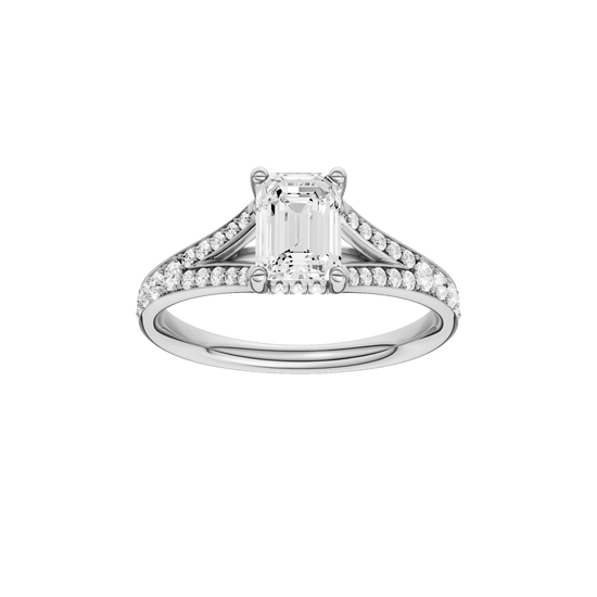 Emerald-cut diamond engagement ring with a channel-set diamond band and hidden-halo setting.