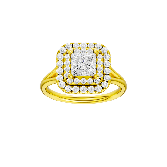 Princess-cut diamond engagement ring with a plain band and double-halo setting.