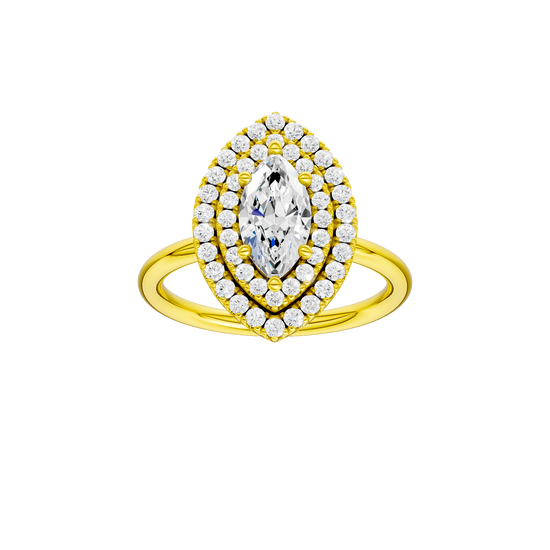 Marquise-cut diamond engagement ring with a plain band and double-halo setting.