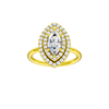 Marquise-cut diamond engagement ring with a plain band and double-halo setting.