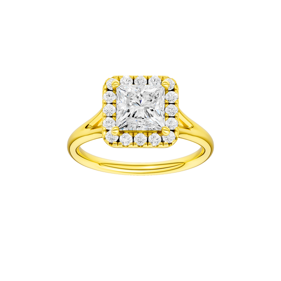 Princess-cut diamond engagement ring with a plain band and halo setting.