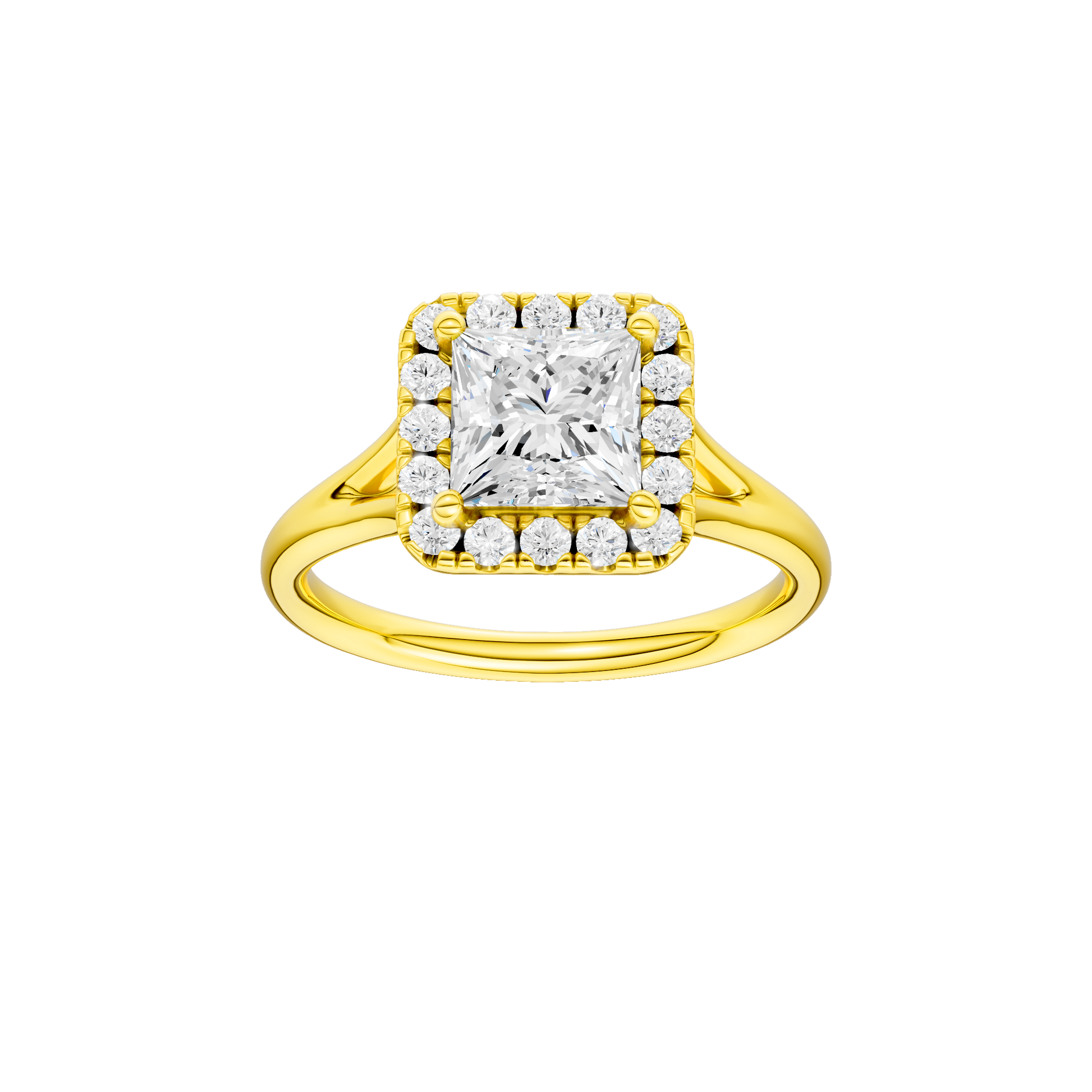 Princess-cut diamond engagement ring with a plain band and halo setting.