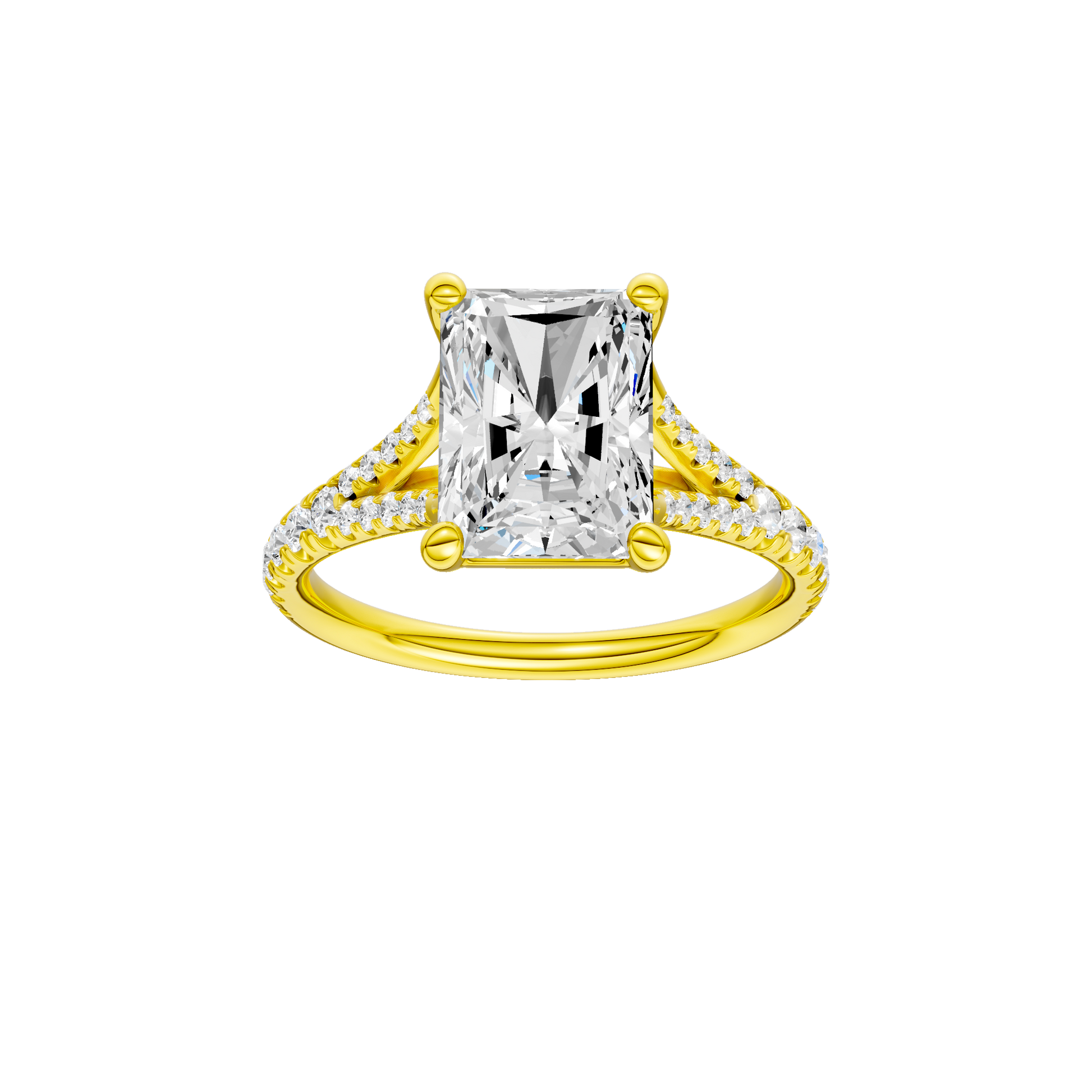 Radiant-cut diamond engagement ring with a prong-set diamond band and solitaire setting.