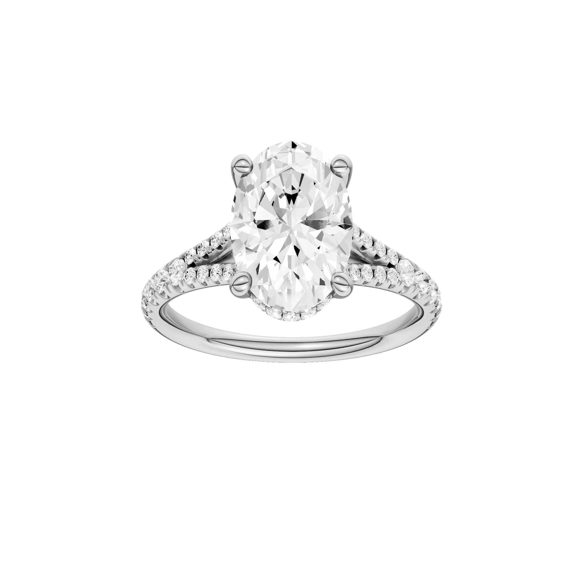 Oval-cut diamond engagement ring with a prong-set diamond band and hidden-halo setting.