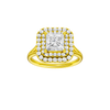 Princess-cut diamond engagement ring with a plain band and double-halo setting.