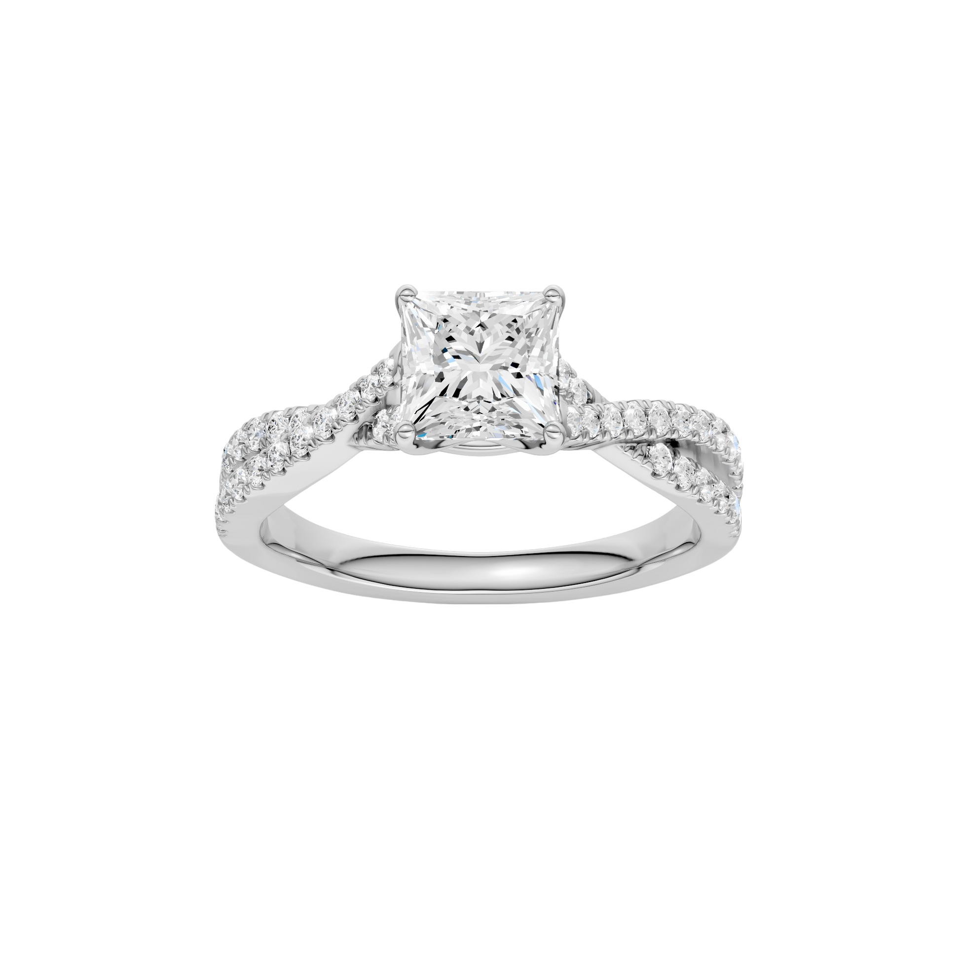 Princess-cut diamond engagement ring in 14k white gold with a prong-set diamond band and twist setting
