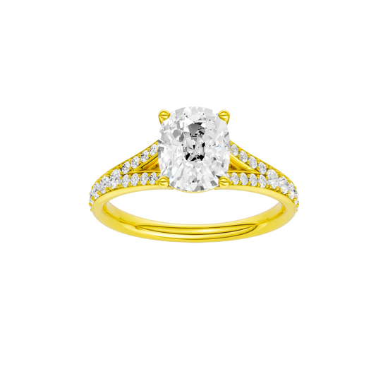 Elongated cushion-cut diamond engagement ring with a channel-set diamond band and solitaire setting.
