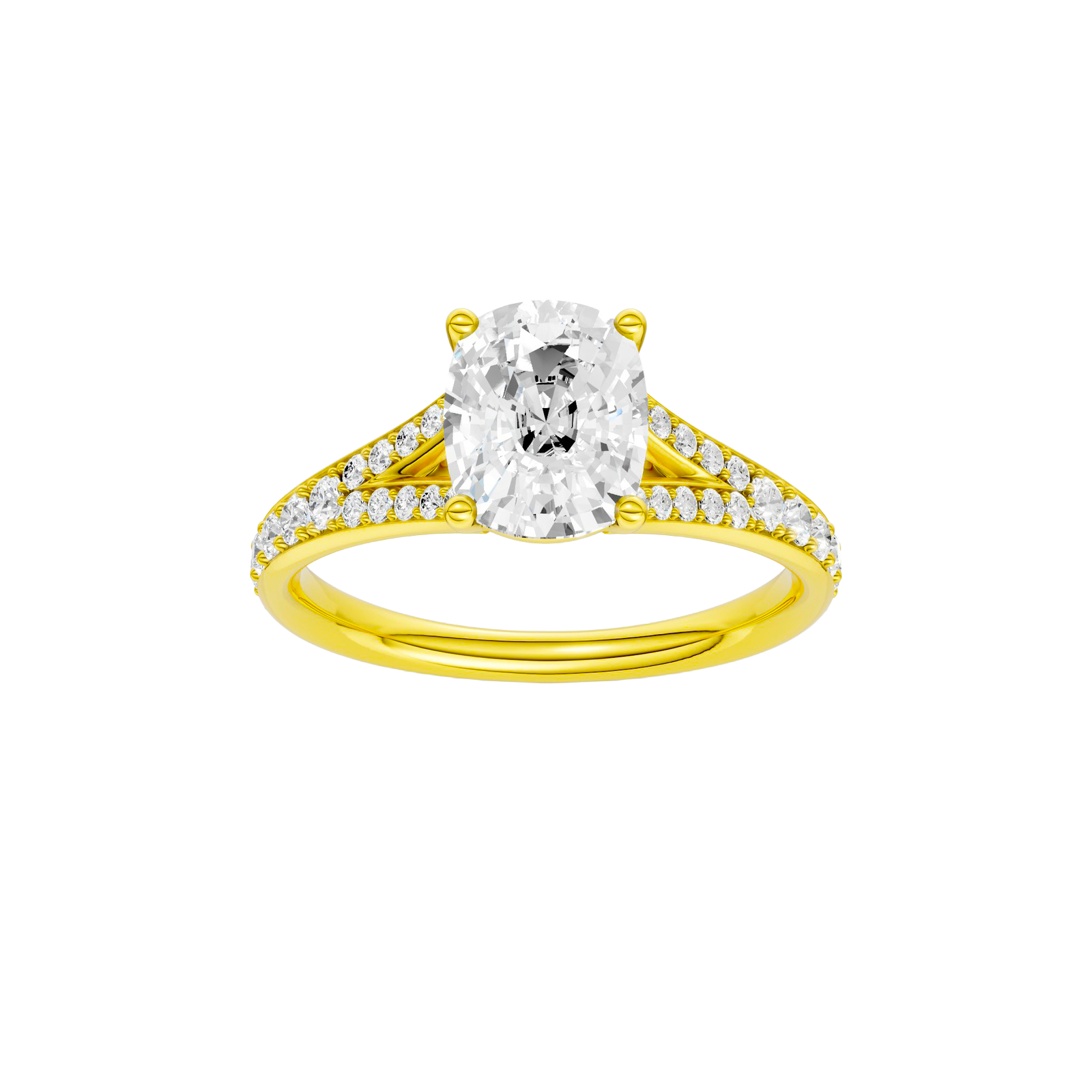 Elongated cushion-cut diamond engagement ring with a channel-set diamond band and solitaire setting.