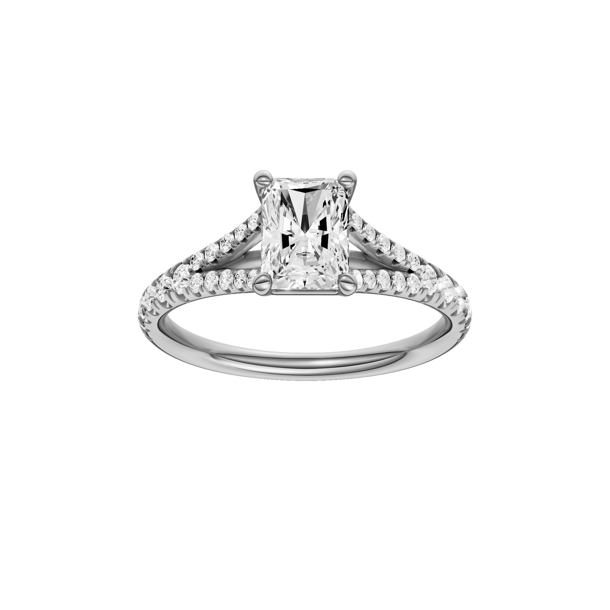 Radiant-cut diamond engagement ring with a prong-set diamond band and solitaire setting.