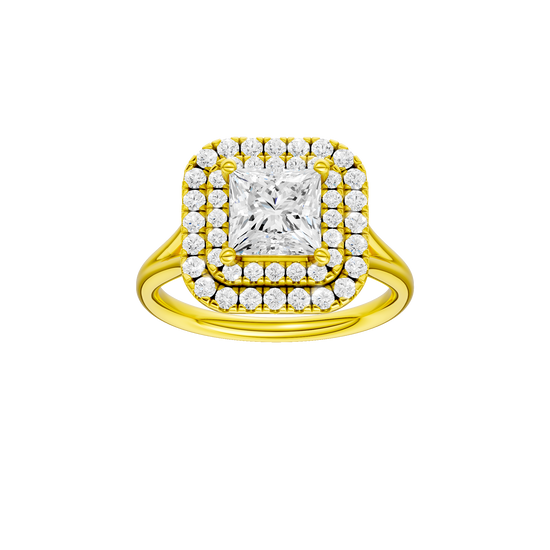 Princess-cut diamond engagement ring with a plain band and double-halo setting.