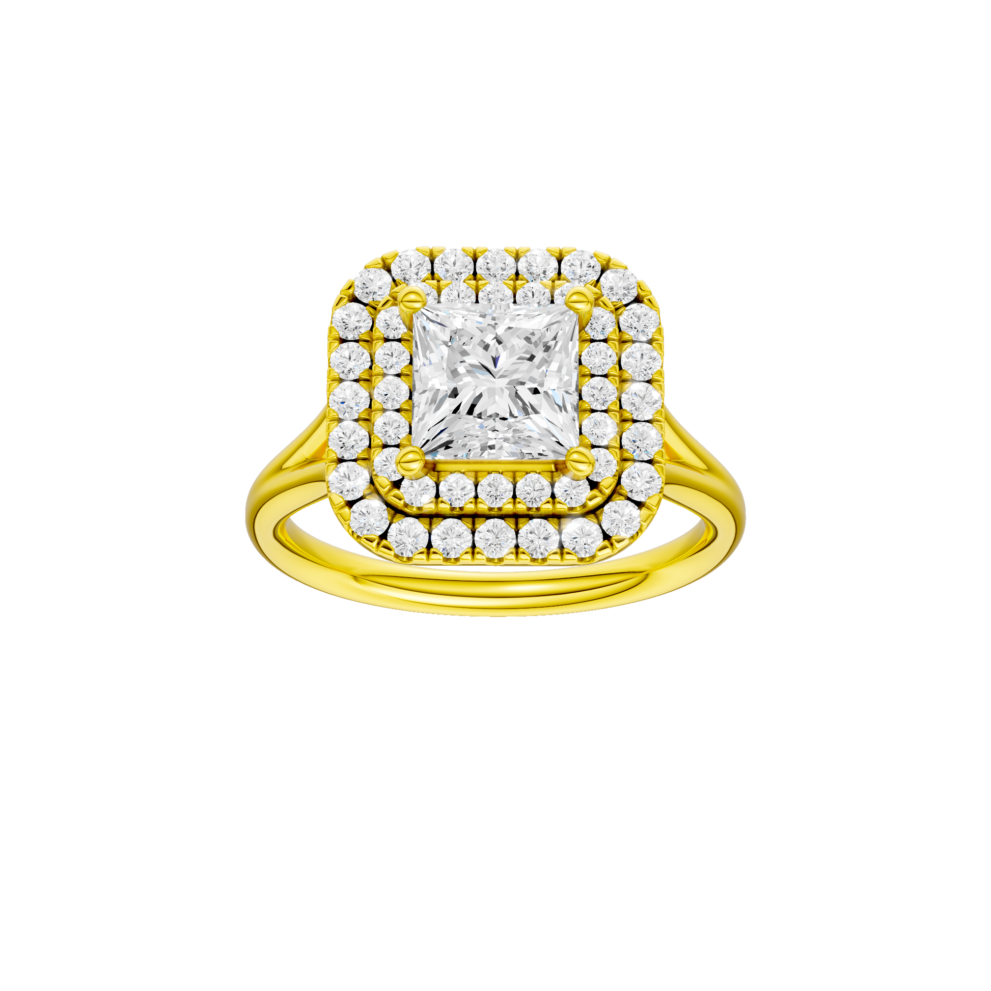 Princess-cut diamond engagement ring with a plain band and double-halo setting.