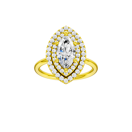 Marquise-cut diamond engagement ring with a plain band and double-halo setting.