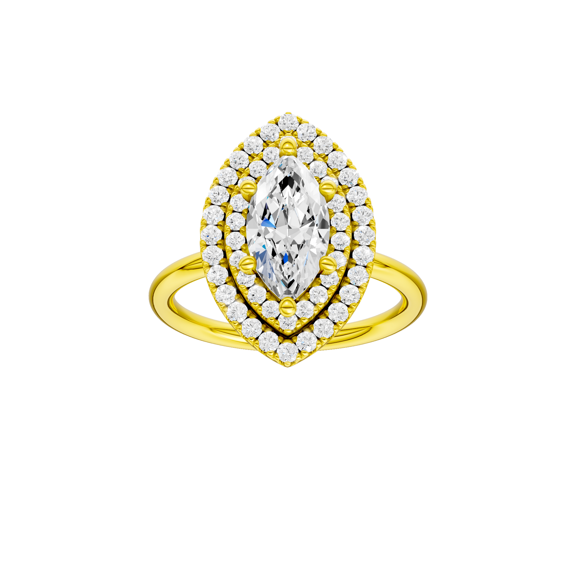 Marquise-cut diamond engagement ring with a plain band and double-halo setting.