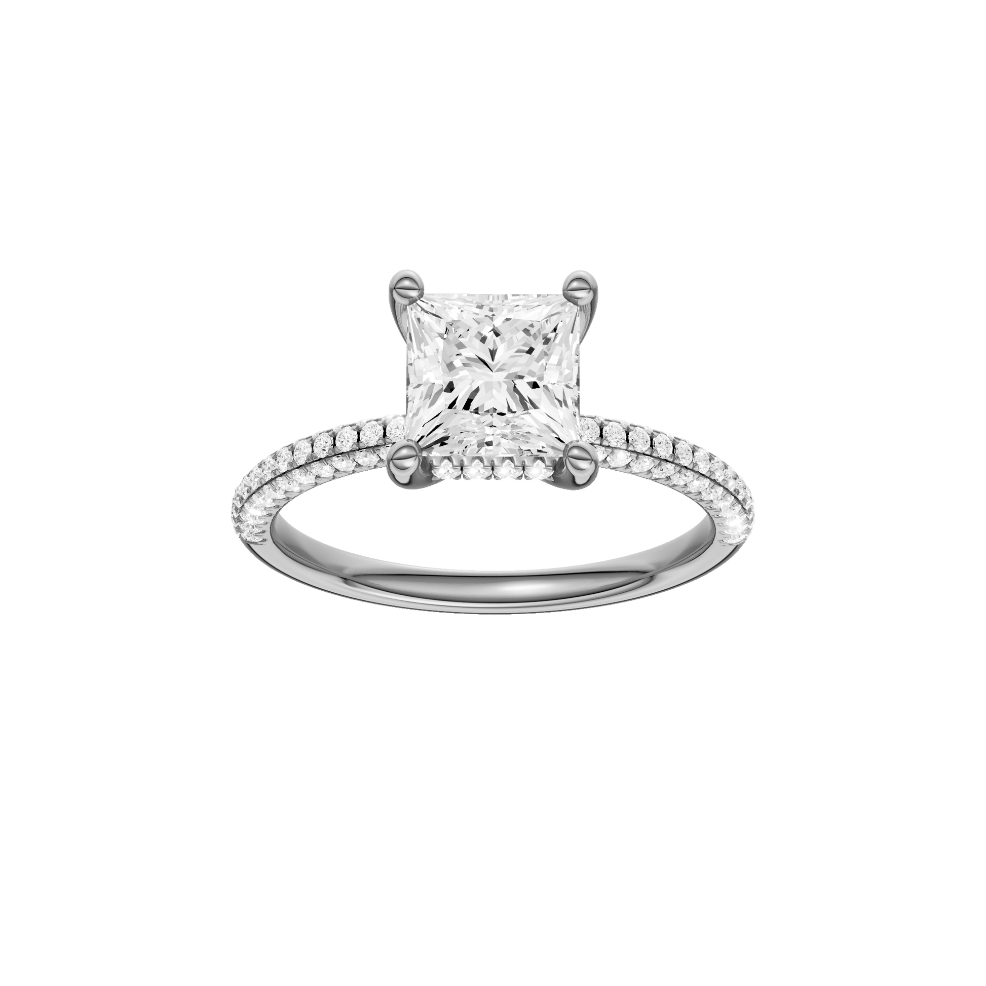 Princess-cut diamond engagement ring with a pavé-set diamond band and hidden-halo setting.