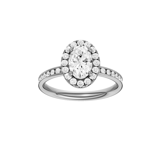 Oval-cut diamond engagement ring with a channel-set diamond band and halo setting.