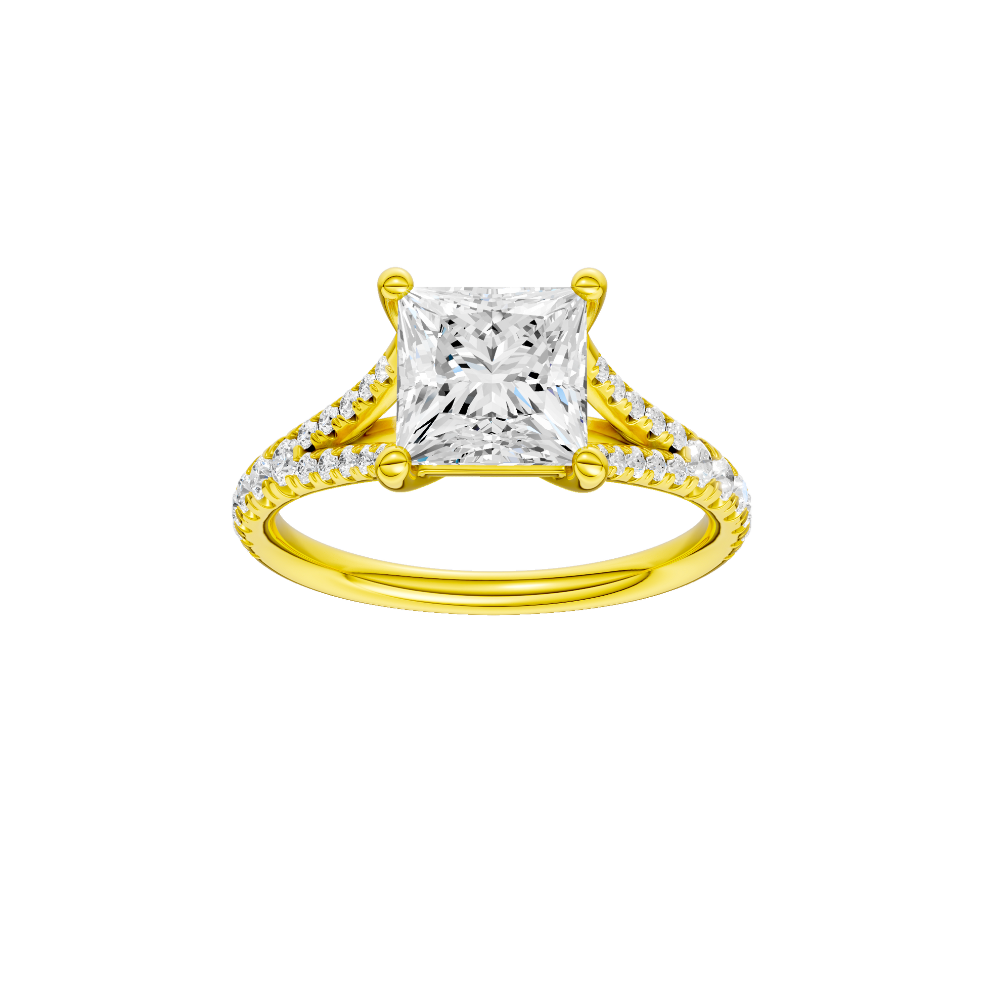 Pear-cut diamond engagement ring with a prong-set diamond band and solitaire setting.