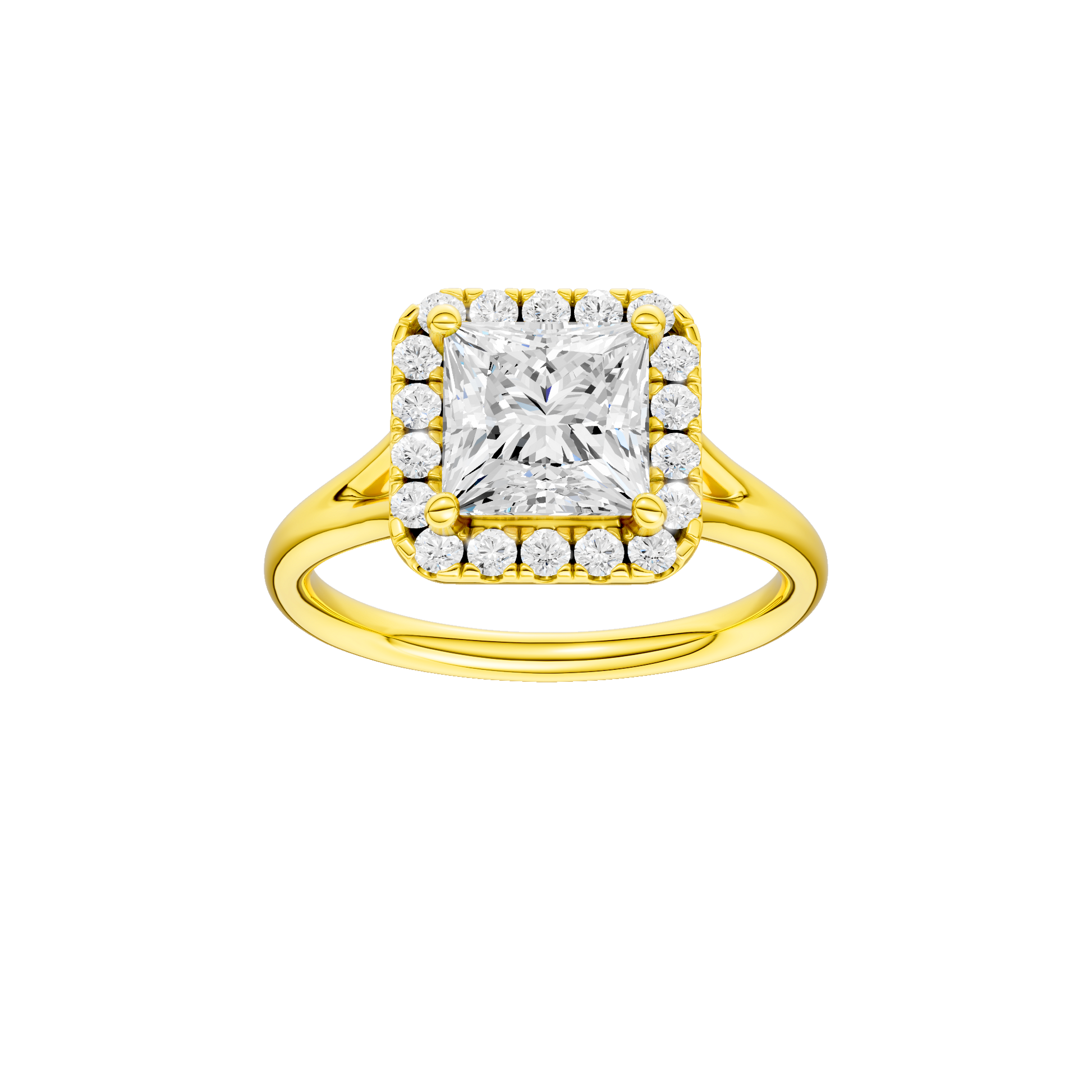 Princess-cut diamond engagement ring with a plain band and halo setting.