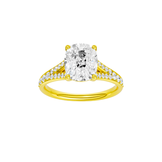 Elongated cushion-cut diamond engagement ring with a channel-set diamond band and solitaire setting.