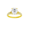 Elongated cushion-cut diamond engagement ring with a channel-set diamond band and solitaire setting.